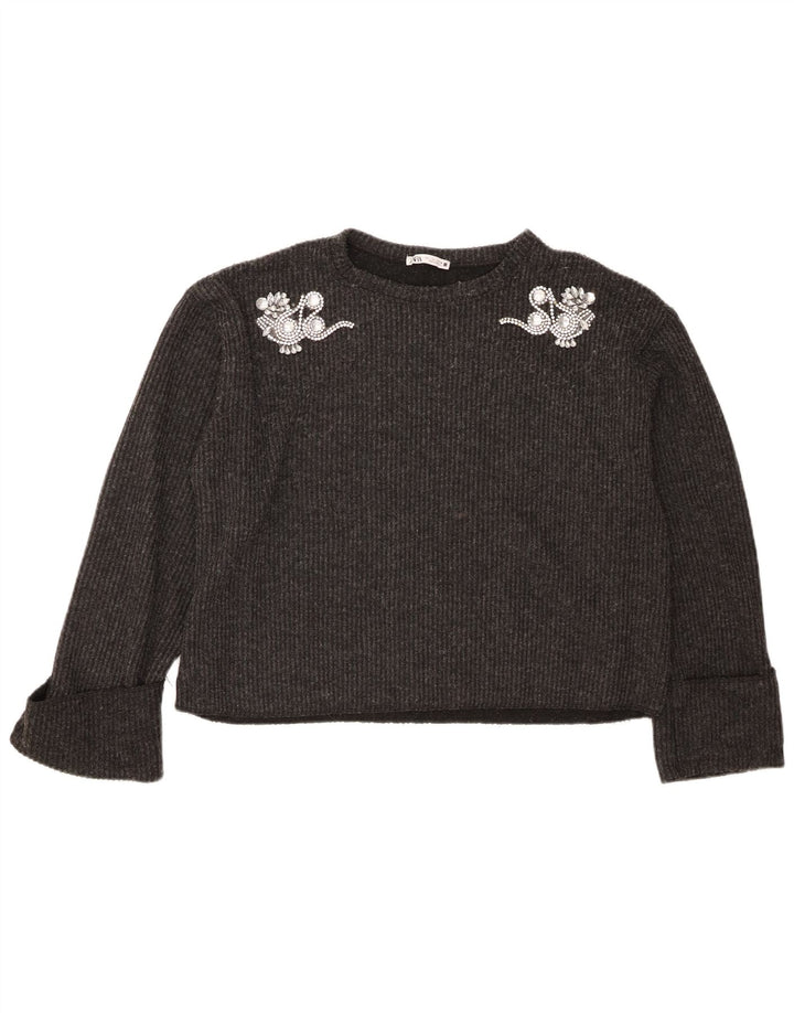 Γυναικείο Zara Crop Oversized πουλόβερ με λαιμόκοψη UK 16 Large Grey