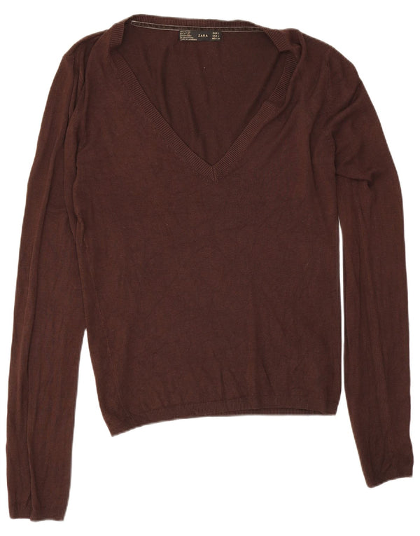 Zara Γυναικείο πουλόβερ με λαιμόκοψη UK 14 Large Brown Rayon
