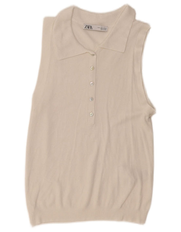 Zara Γυναικείο Αμάνικο Πόλο Μπλουζάκι UK 10 Small White Viscose