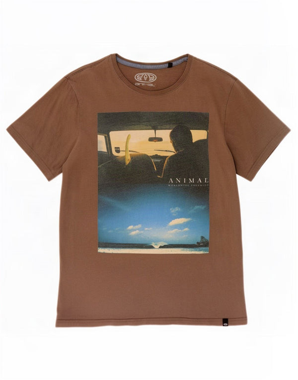 Animal Mens Graphic T-Shirt Top Medium Brown Cotton