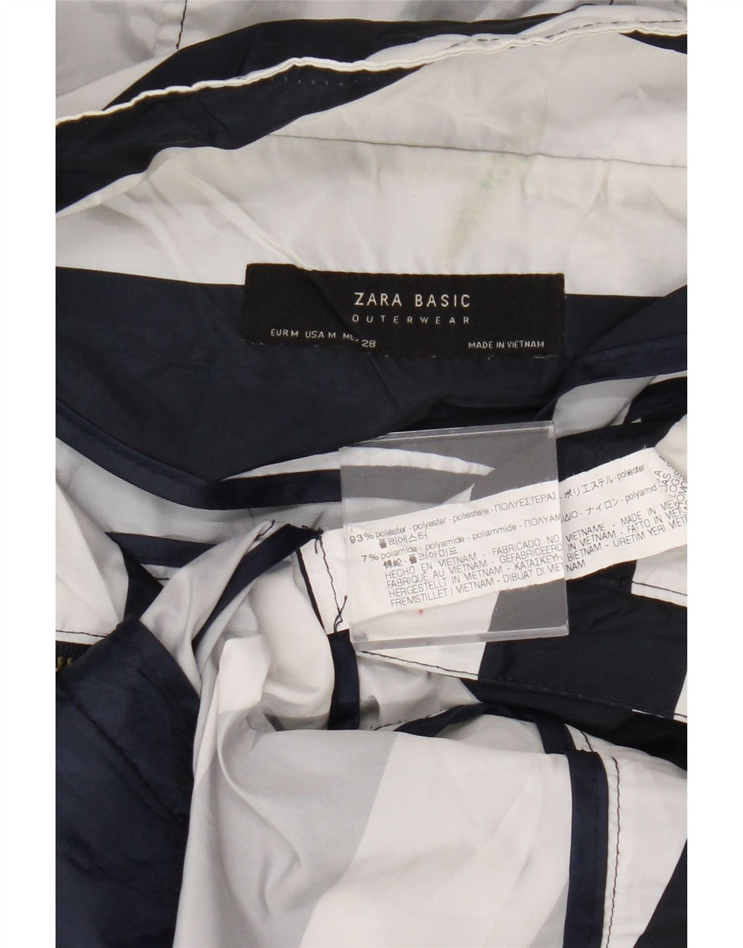 Zara Γυναικείο μπουφάν βροχής με κουκούλα UK 14 Medium Navy Blue ριγέ πολυεστέρας