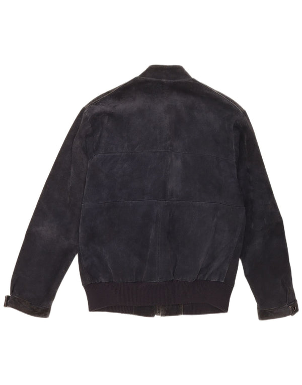VINTAGE Ανδρικό Suede Bomber Jacket IT 50 Large Navy Blue Leather