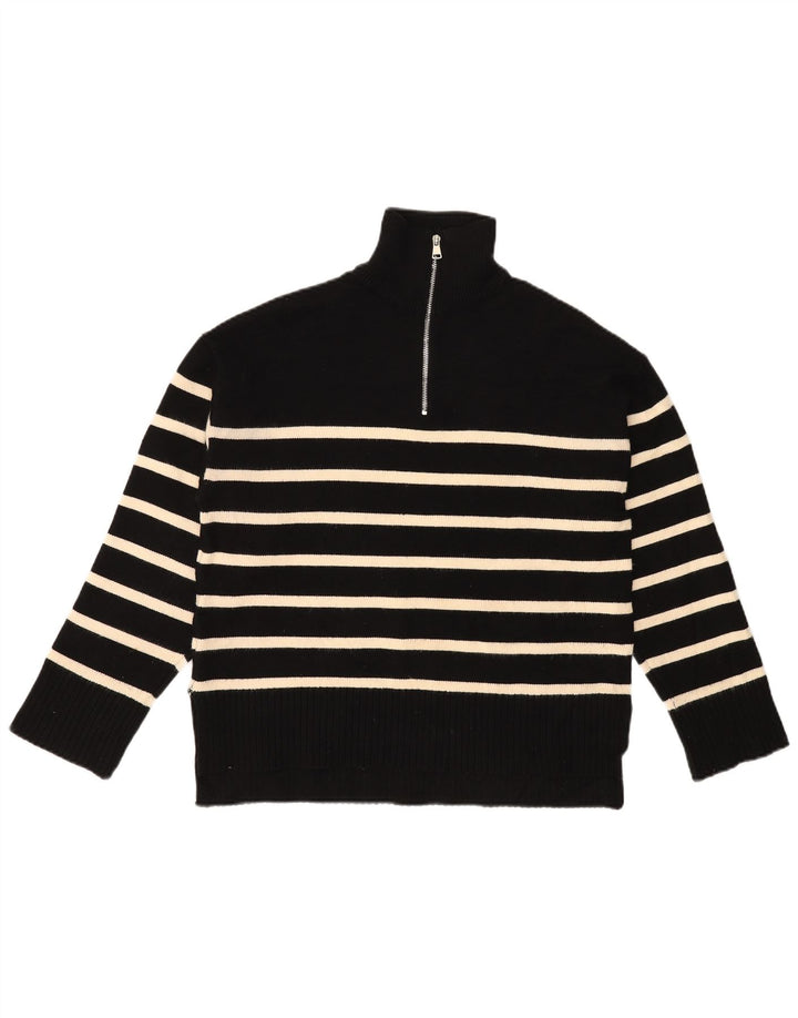 ZARA Womens Oversized Zip Neck Jumper Sweater UK 10 Small Black Striped