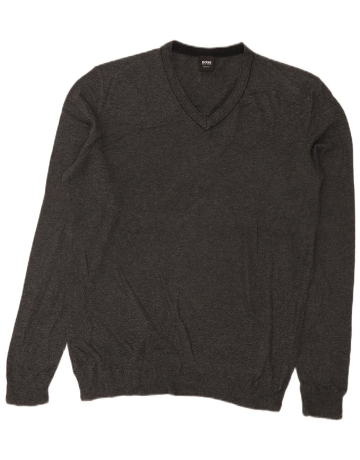 Ανδρικό πουλόβερ Hugo Boss Slim Fit με V λαιμόκοψη, μεσαίο βαμβακερό γκρι