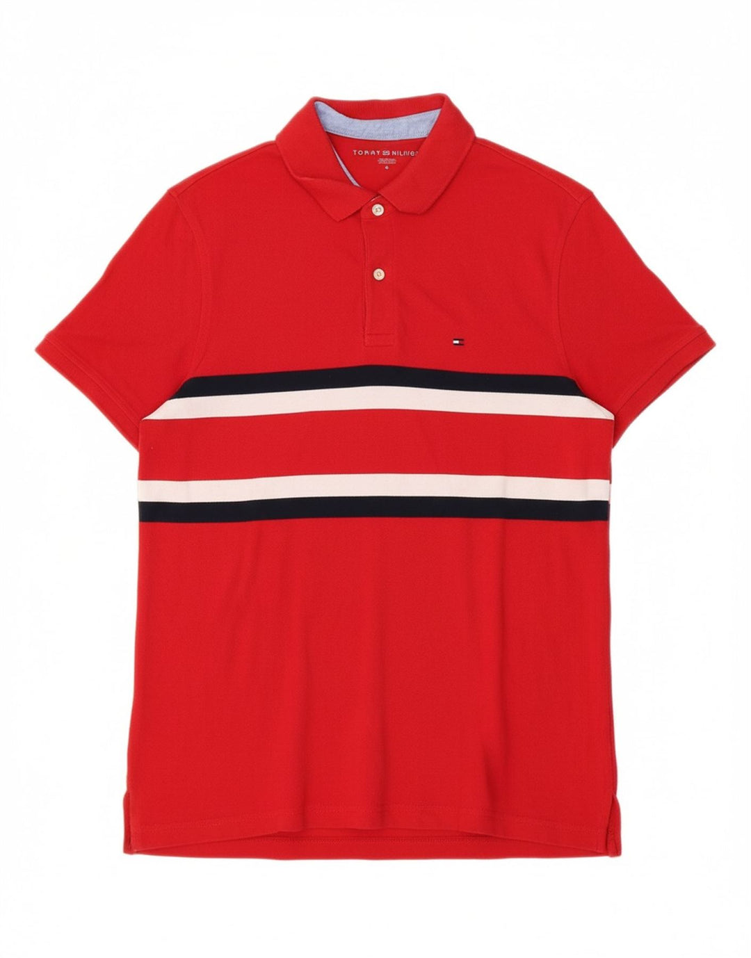 TOMMY HILFIGER Mens Polo Shirt Medium Red Striped Cotton Vintage Tommy Hilfiger and Second-Hand Tommy Hilfiger from Messina Hembry 
