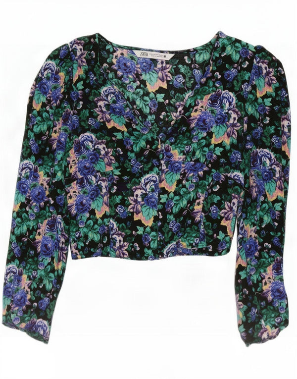 Zara Womens Long Sleeve Crop Blouse Top UK 6 XS Multicoloured Floral