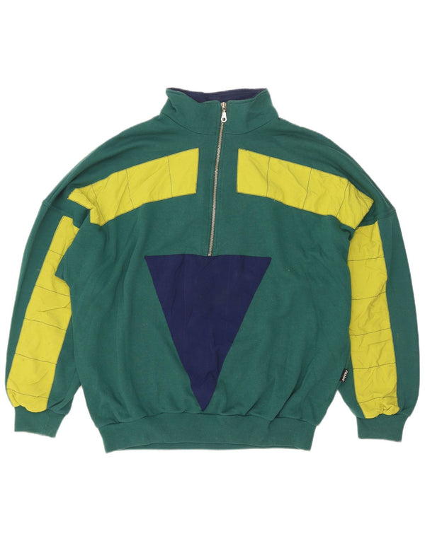 Vintage ανδρικό φούτερ με φερμουάρ Jumper XL Πράσινο Colourblock Βαμβακερό