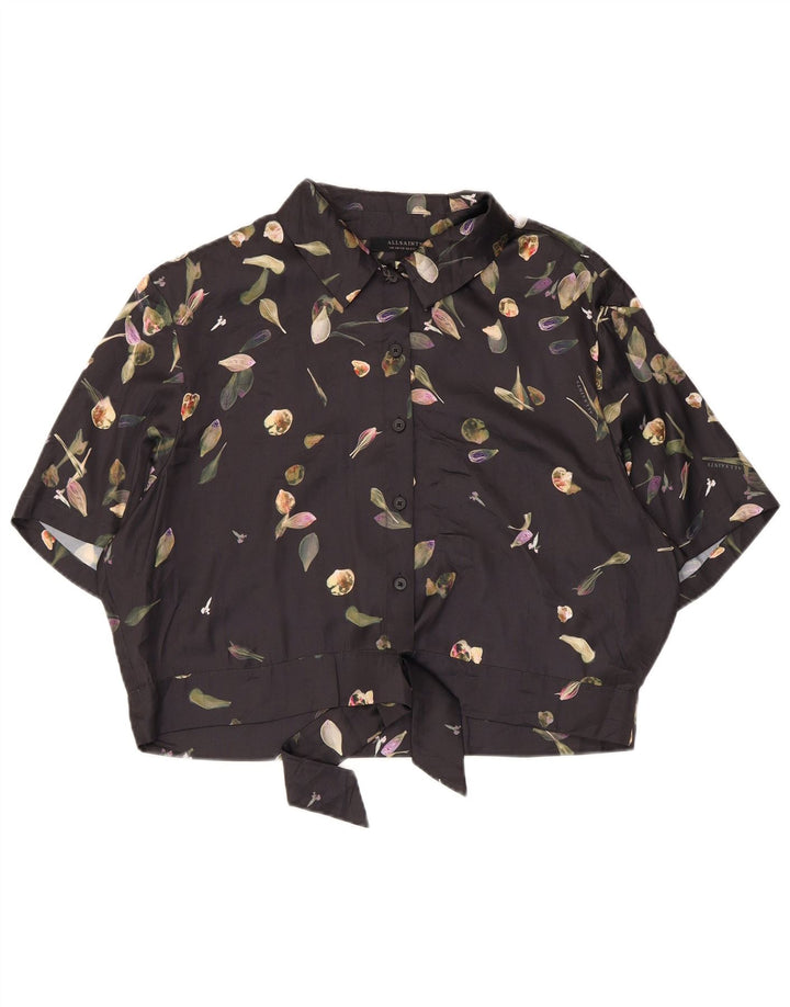 ALL SAINTS Γυναικεία Crop Μπροστινή Γραβάτα Μπλούζα UK 14 Large Black Floral