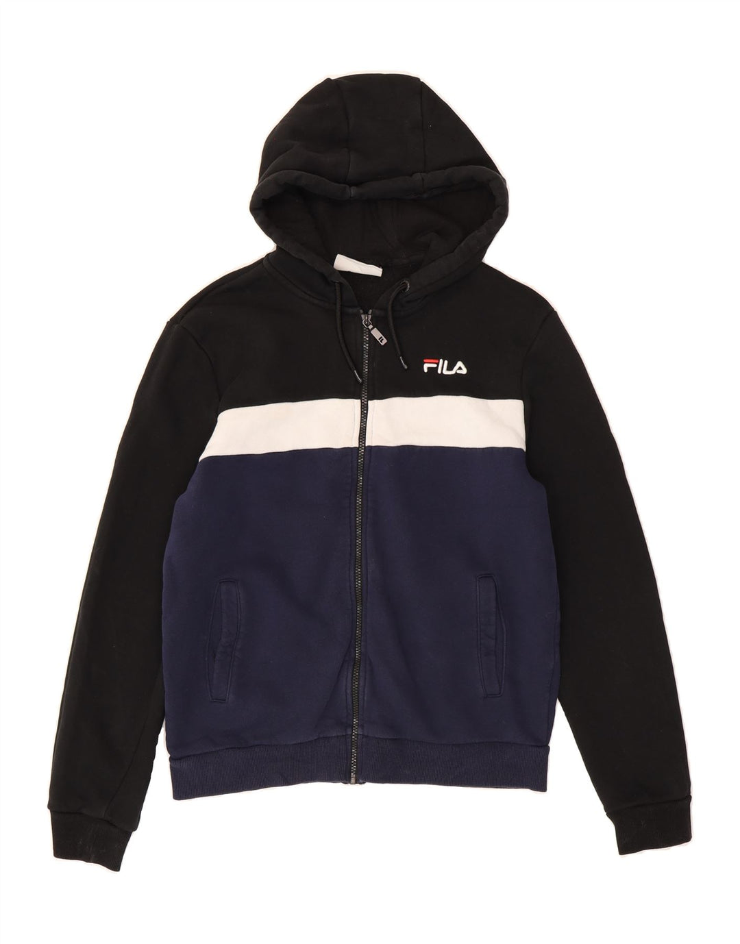 FILA Womens Zip Hoodie Sweater UK 14 Medium Multicoloured Colourblock Vintage Fila and Second-Hand Fila from Messina Hembry 