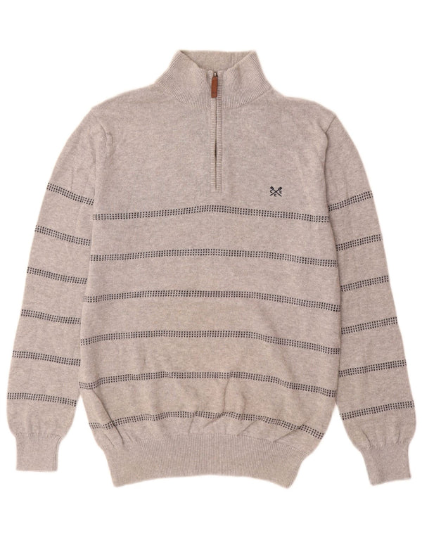 Crew Clothing Ανδρικό πουλόβερ με φερμουάρ Μικρό γκρι βαμβακερό ριγέ