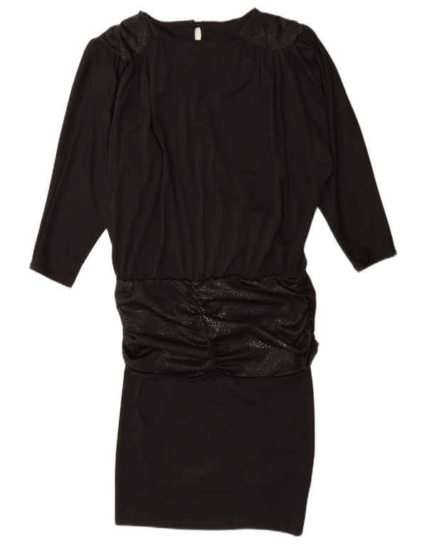 Vintage γυναικείο μακρυμάνικο φόρεμα μέσης UK 14 Large Black Print Animal