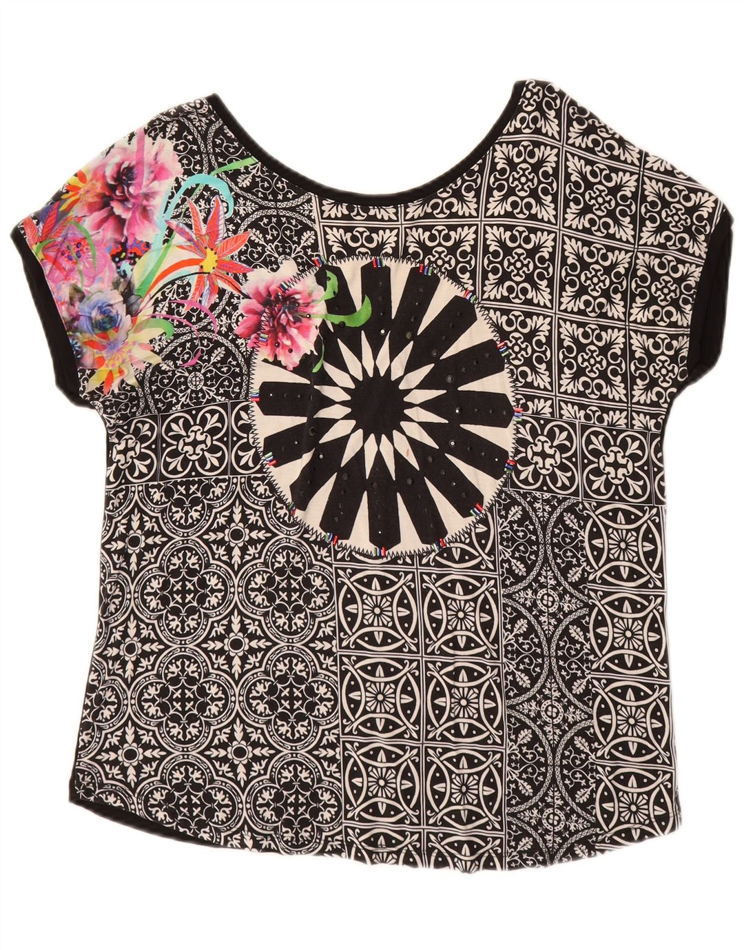 DESIGUAL Γυναικείο γραφικό T-Shirt Top UK 14 Medium Black Floral