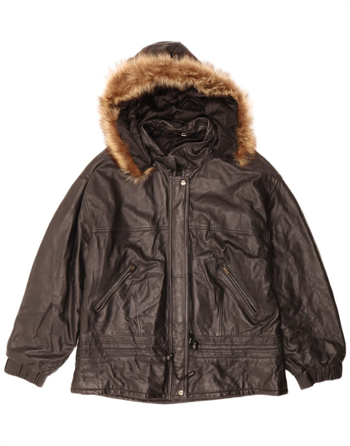 Vintage Γυναικείο Δερμάτινο Μπουφάν Oversized με Κουκούλα IT 48 XL Μαύρο Δερμάτινο