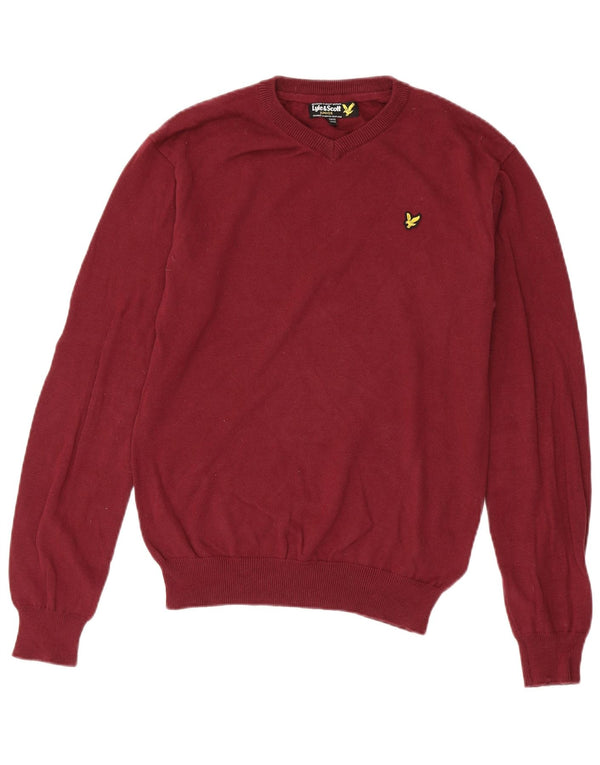 Πουλόβερ Lyle & Scott Boys με V λαιμόκοψη, βαμβακερό μπορντό 14-15 ετών
