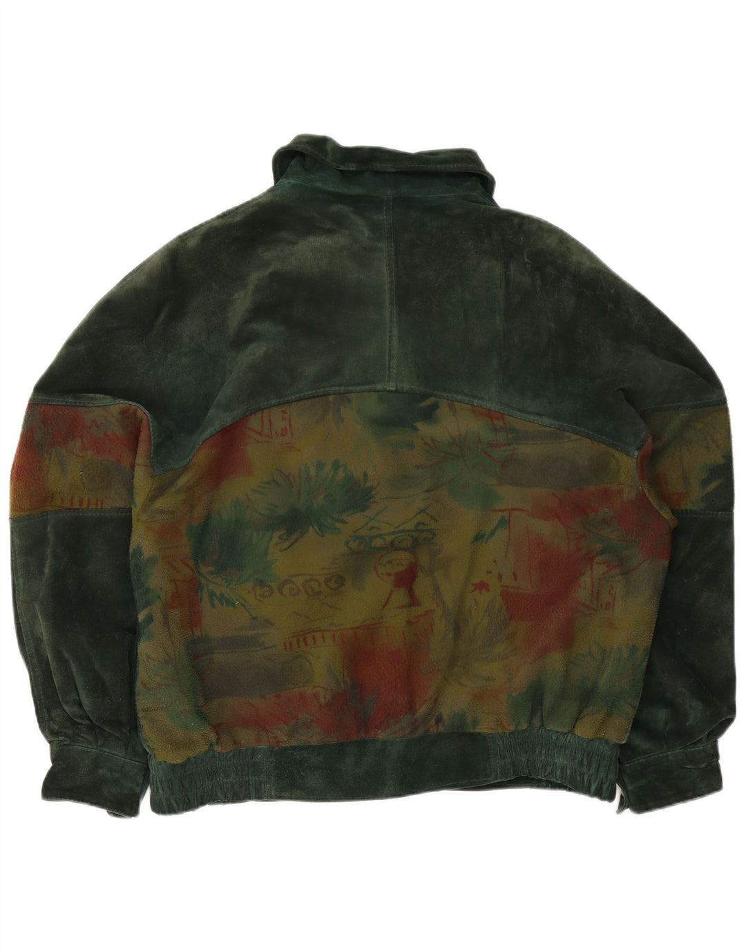 Vintage Ανδρικό Αφηρημένο Σχέδιο Suede Bomber Jacket IT 50 Large Green Leather