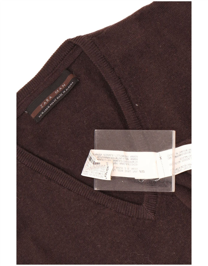 Ανδρικό πουλόβερ Zara με V λαιμόκοψη XL καφέ μαλλί