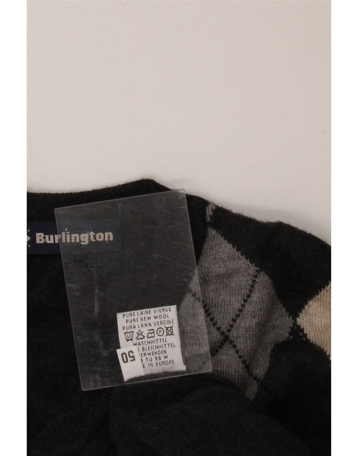 BURLINGTON Mens V-Neck Jumper Sweater IT 50 Medium Grey Argyle/Diamond
