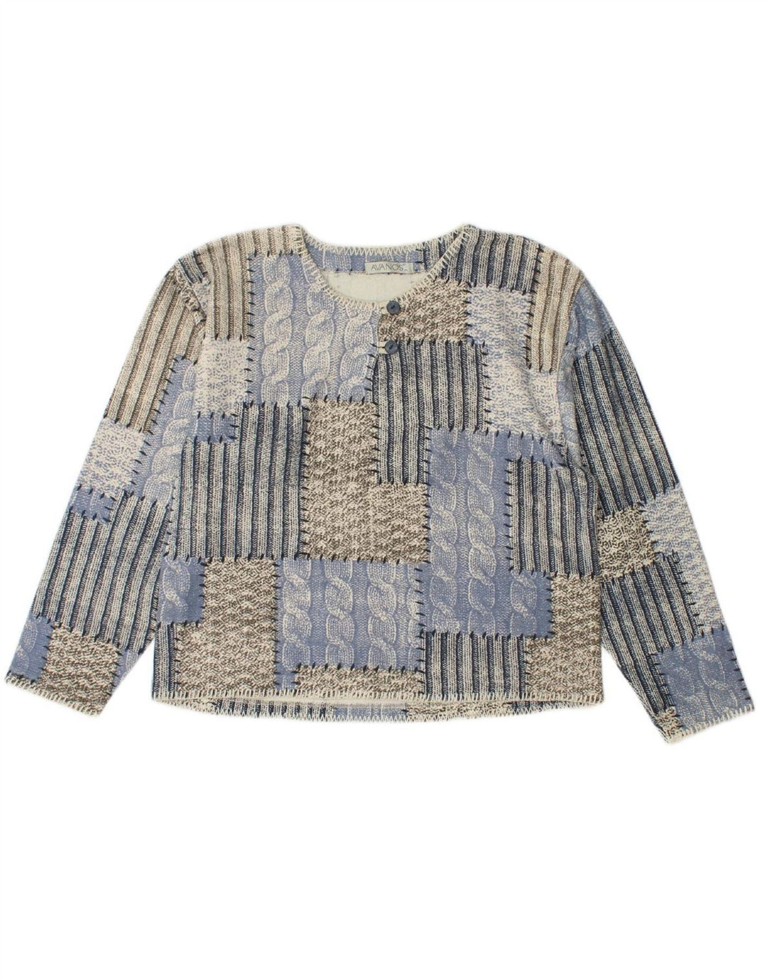 VINTAGE Womens Crew Neck Jumper Sweater UK 14 Medium Blue Patchwork Cotton