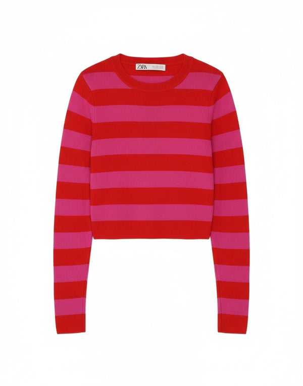 Zara Γυναικείο πουλόβερ με λαιμόκοψη με λαιμόκοψη UK 8 Small Pink ριγέ