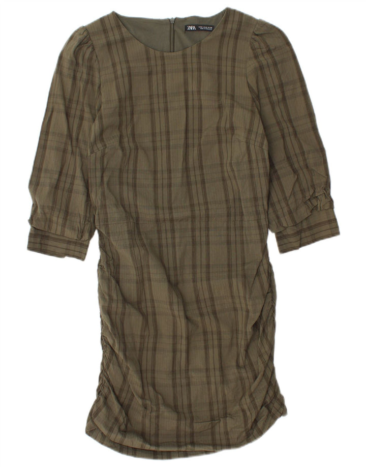 Zara γυναικείο φόρεμα 3/4 Sleeve Shift UK 12 Medium Khaki Check Viscose