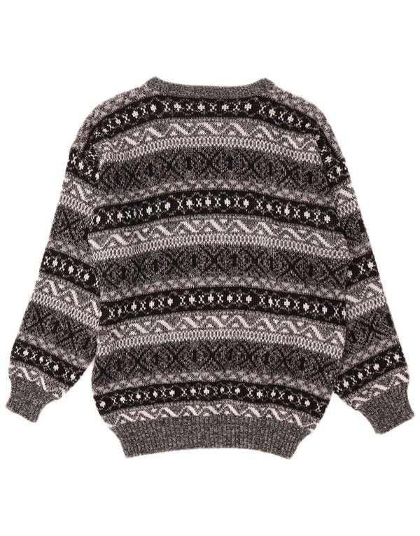 Vintage Womens Boat Neck Jumper Sweater UK 16 Large Grey Fair Isle Acrylic