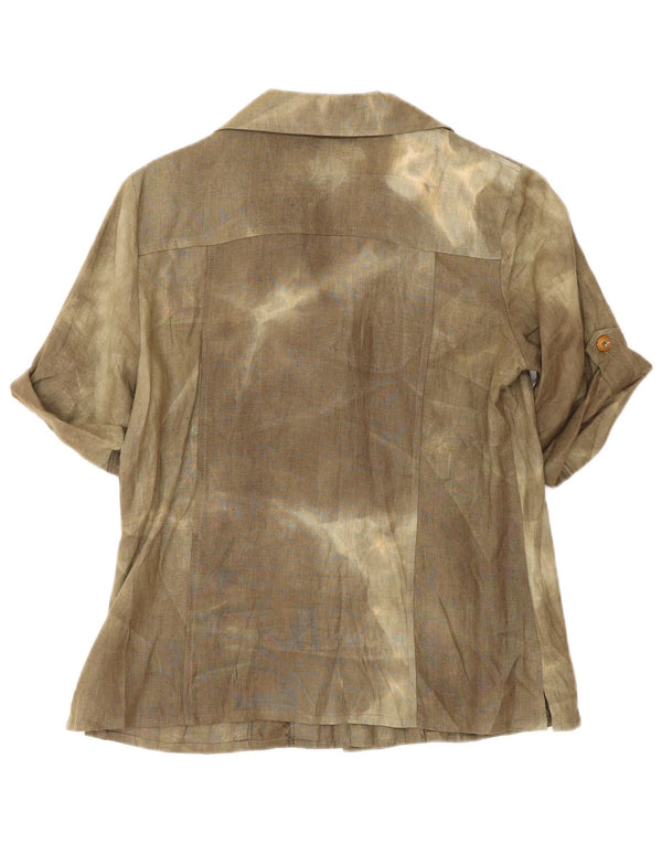 Vintage γυναικείο κοντομάνικο πουκάμισο μπλούζα UK 12 Medium Khaki Tie Dye Silk
