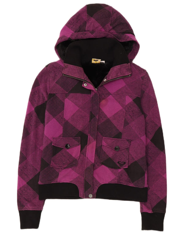 Roxy Womens Hooded Bomber Jacket UK 12 Medium Purple Check Cotton