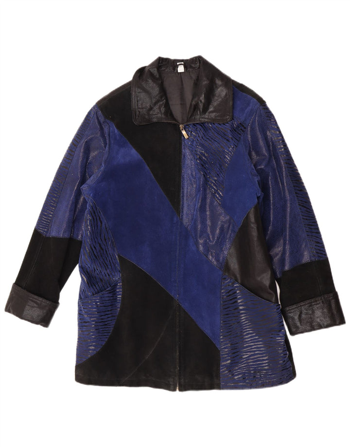 Vintage γυναικείο σουέτ πανωφόρι UK 12 Medium Blue Colourblock Δέρμα