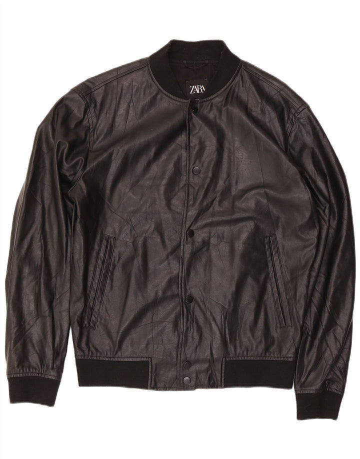 Zara Ανδρικό Faux Leather Bomber Jacket UK 38 Medium Black Polyester