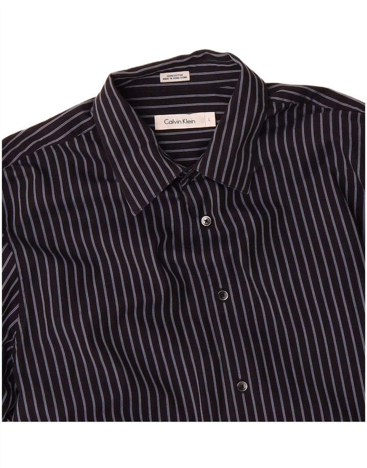 CALVIN KLEIN Mens Formal Shirt Large Navy Blue Striped Cotton