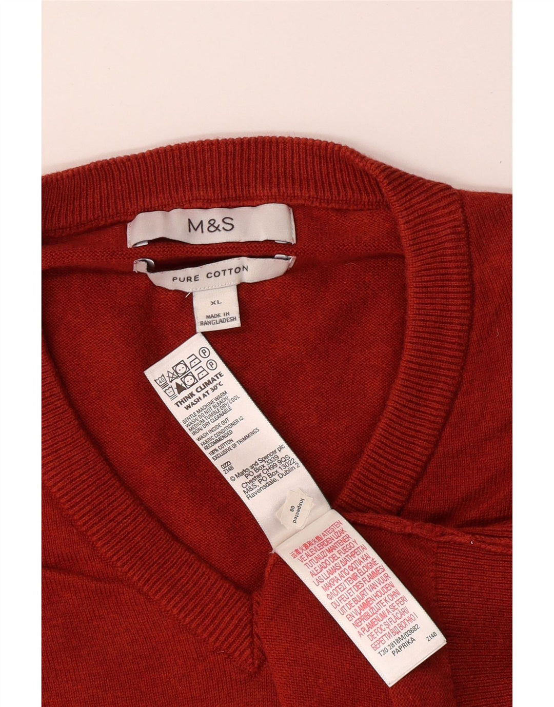 MARKS & SPENCER Ανδρικό πουλόβερ με V λαιμόκοψη XL Red Cotton Classic
