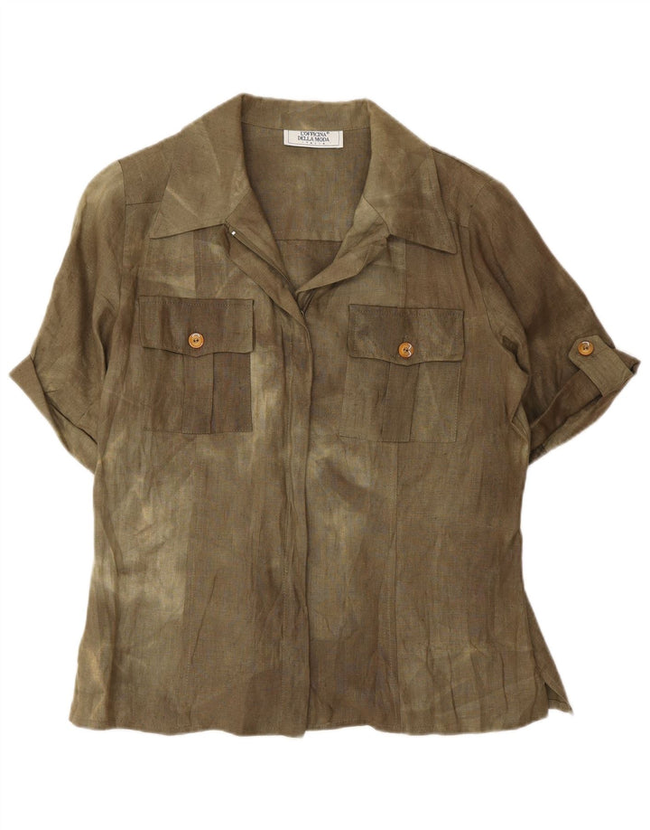 Vintage γυναικείο κοντομάνικο πουκάμισο μπλούζα UK 12 Medium Khaki Tie Dye Silk