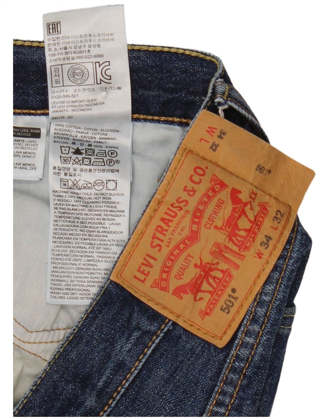 Levi's Mens 501 Straight Jeans W34 L32 Navy Blue Cotton