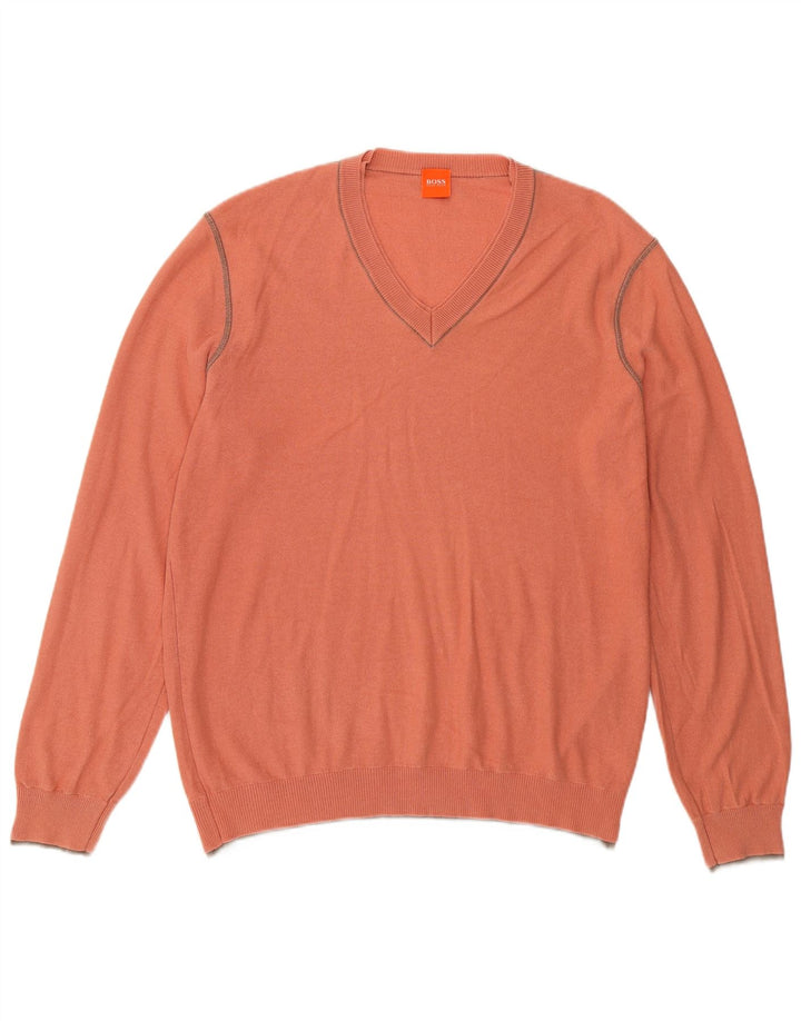 Ανδρικό πουλόβερ Hugo Boss με V λαιμόκοψη, μεσαίο ροζ