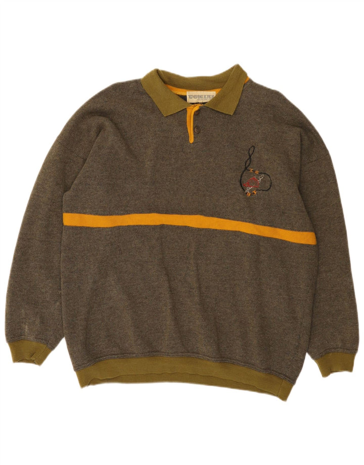 Vintage ανδρικό πουλόβερ με λαιμόκοψη, μαλλί με μεγάλο ριγέ χακί