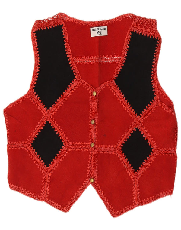 Vintage Γυναικείο Crop Suede Γιλέκο UK 14 Medium Red Geometric