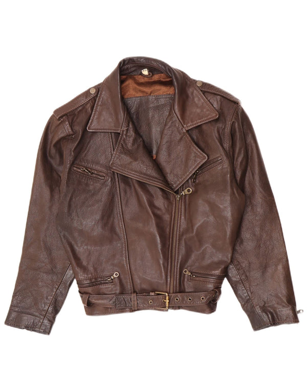 Vintage Γυναικείο Oversized Δερμάτινο Μπουφάν Biker UK 6 XS Καφέ Δερμάτινο