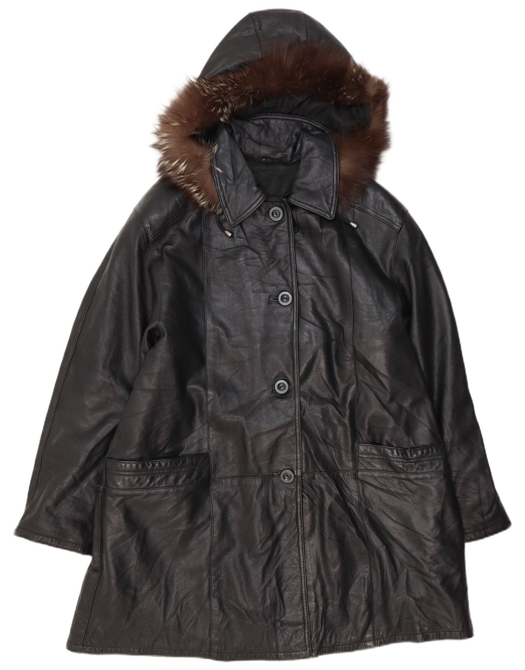 VINTAGE Γυναικείο Μεγάλο Δερμάτινο Παλτό με Κουκούλα IT 48 XL Μαύρο Δερμάτινο