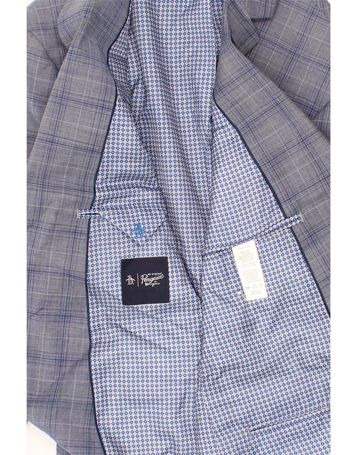 PENGUIN Mens 2 Button 3/4 Sleeve Blazer Jacket UK 42 XL Blue Check Wool Vintage Penguin and Second-Hand Penguin from Messina Hembry 