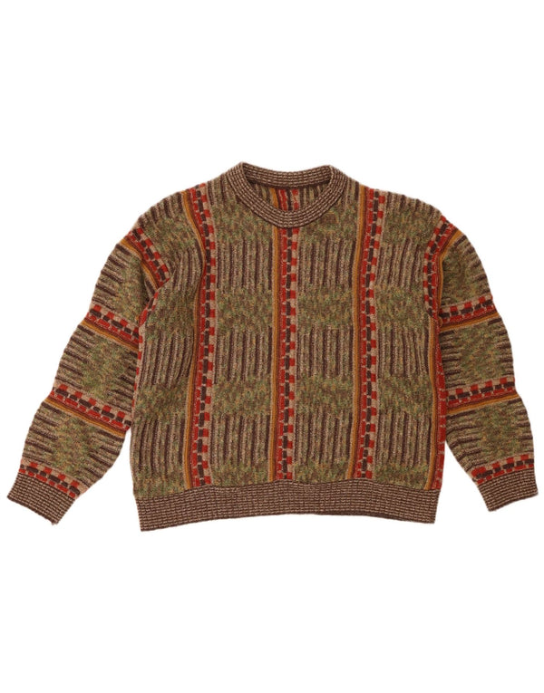 Vintage γυναικείο πουλόβερ με λαιμόκοψη UK 16 Large Khaki ριγέ