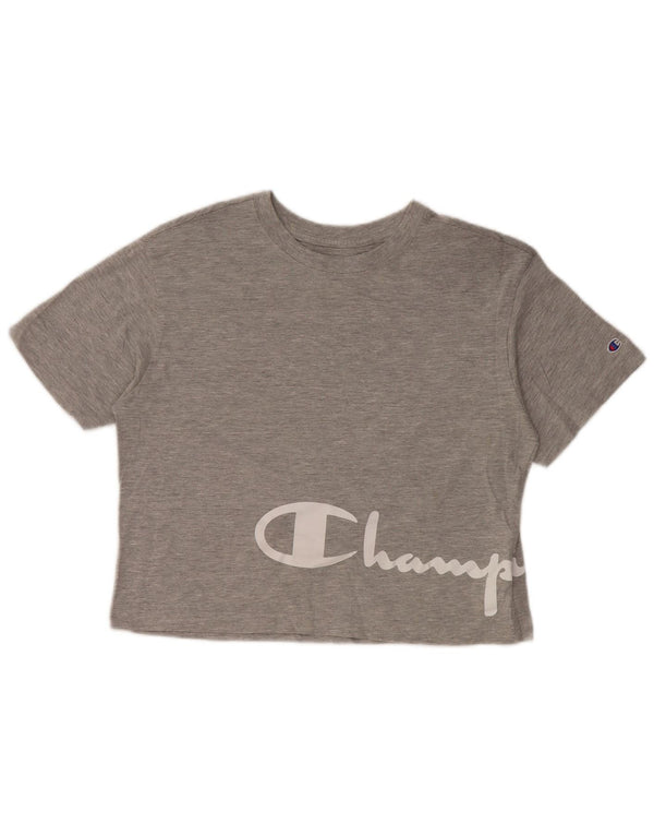 CHAMPION Γυναικείο Crop γραφικό T-shirt Top 10 Μικρό Γκρι βαμβακερό