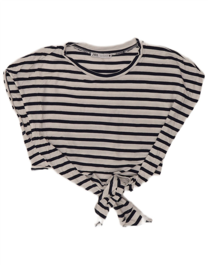 Zara Γυναικεία Crop Μπλούζα με Γραβάτα Τοπ UK 10 Small Navy Blue ριγέ