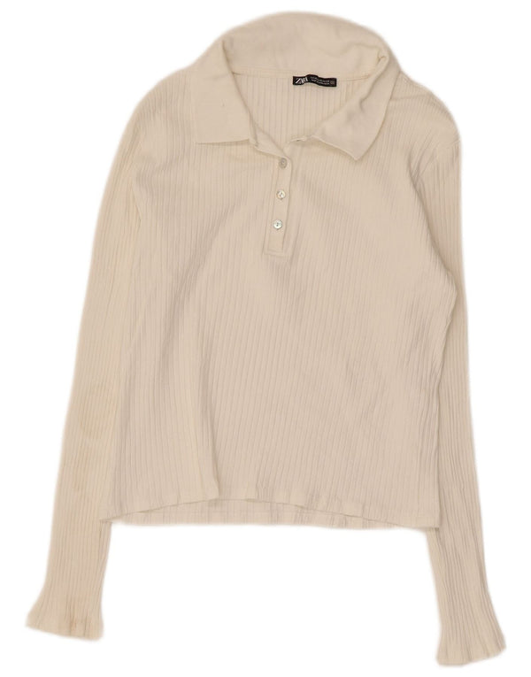 Zara Γυναικείο μακρυμάνικο μπλουζάκι πόλο UK 18 XL Λευκό βαμβακερό