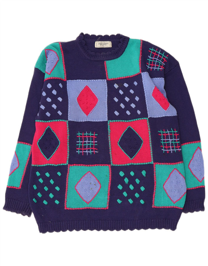Γυναικείο πουλόβερ με λαιμόκοψη VINTAGE UK 14 Medium Navy Blue Patchwork