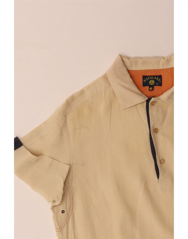 Ανδρικό κοντομάνικο πουλόβερ πουκάμισο NAVIGARE, μεσαίο κίτρινο χρώμα, βαμβακερό