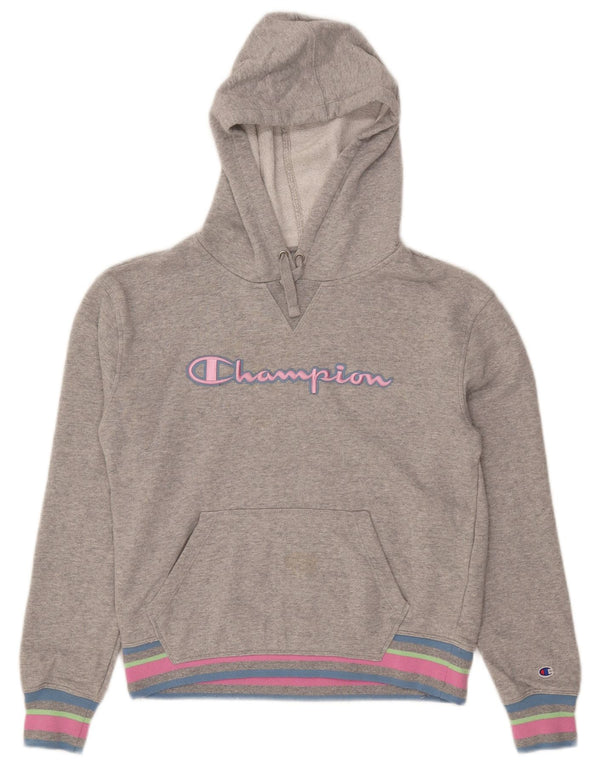 Champion Womens Graphic Hoodie Jumper UK 10 Small Grey Colourblock Cotton