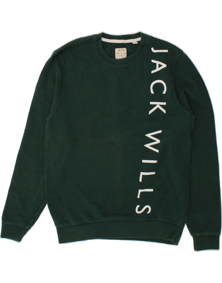 JACK WILLS Mens Graphic Sweatshirt Jumper Small Green Cotton Vintage Jack Wills and Second-Hand Jack Wills from Messina Hembry 