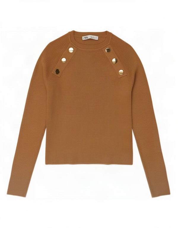 Zara Γυναικείο Crop Top Μακρυμάνικο UK 14 Large Beige Viscose