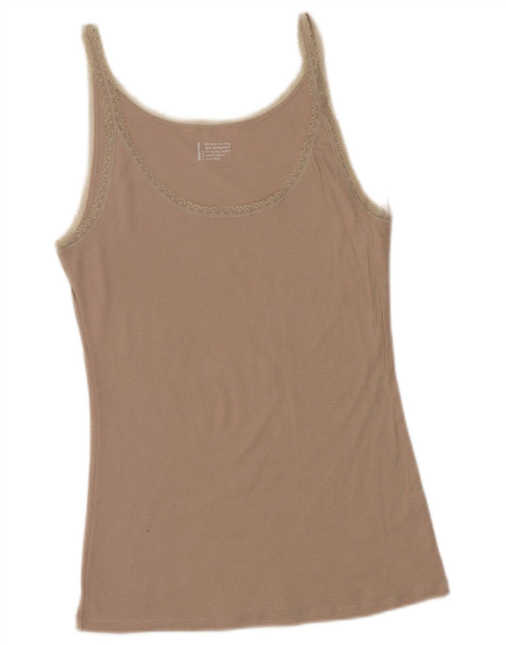 BENETTON Γυναικείο Cami Top UK 14 Large Beige Floral Cotton