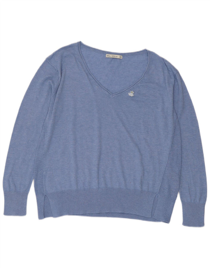 Zara Γυναικείο πουλόβερ με V λαιμόκοψη UK 14 Medium Blue Polyester